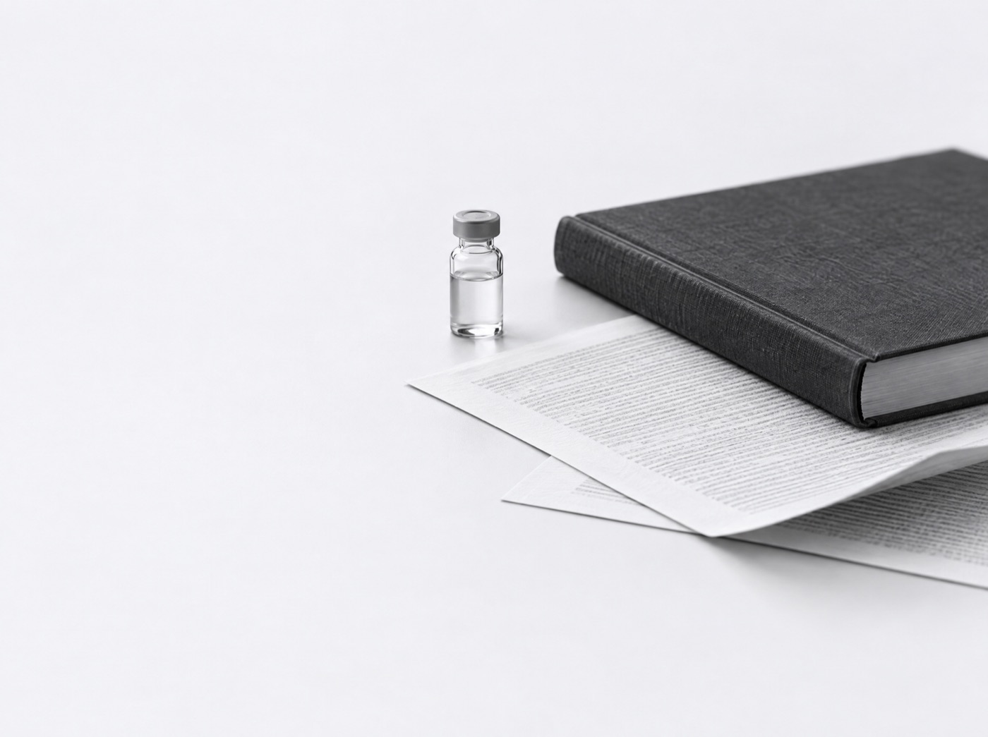 A bound journal volume and two loose printed pages resting on a pale surface, the text on the pages legible only as fine horizontal grain, with a single small clear glass vial standing beside them.