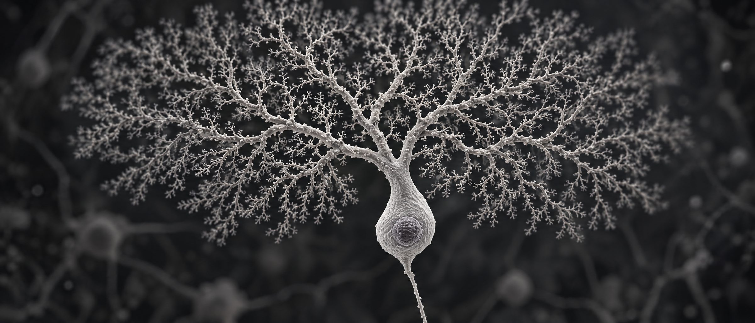 Illustration of a single Purkinje neuron from the cerebellum: a rounded cell body with an elaborate fan of finely branching dendrites spreading above it and a thin axon descending below, against a dark background.