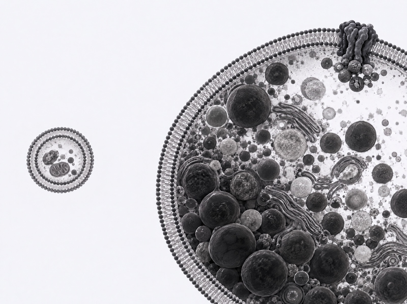 A double-membrane autophagosome on the left, separated by a clear gap from a large lysosome on the right whose lumen is densely crowded with lipid droplets. A transmembrane transport protein sits in the lysosomal membrane at the upper right with lipid particles gathered at its base.