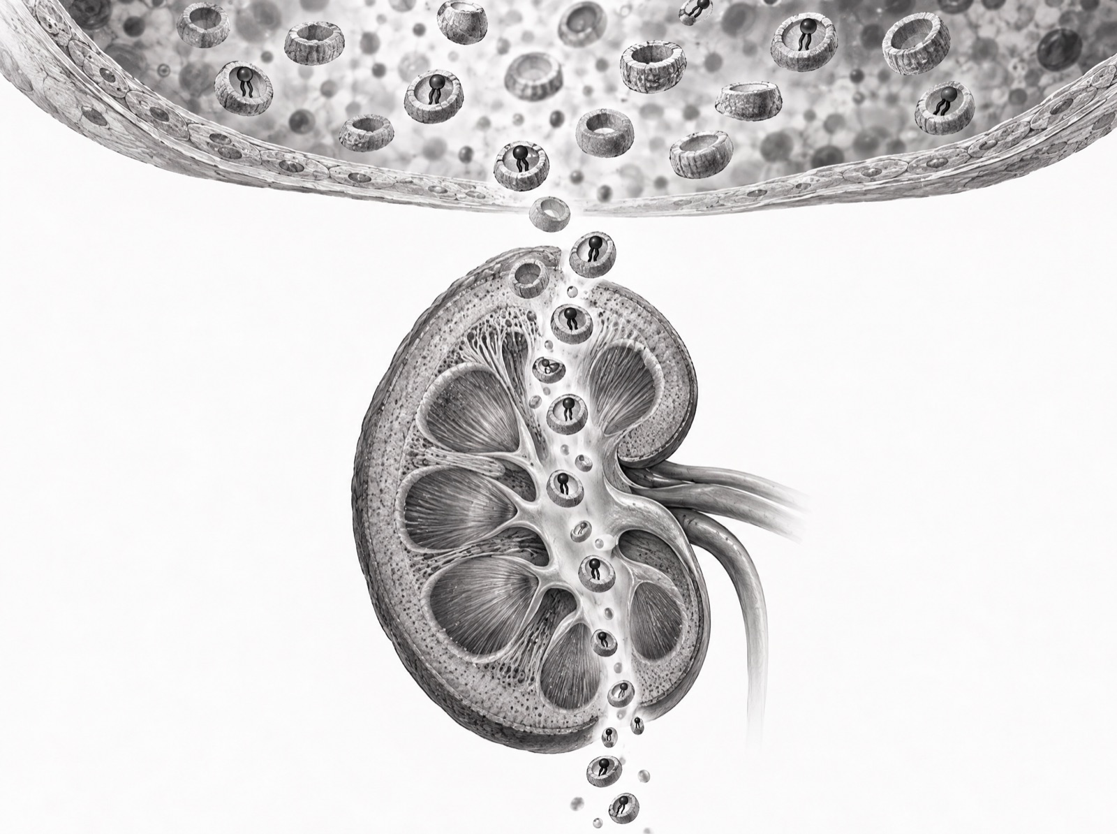 A cutaway blood vessel across the top of the frame, where hollow cyclodextrin rings drift in the plasma and about half hold a single phospholipid molecule inside the cavity. Below it, a kidney in cross-section, with the ring-and-lipid complexes passing down through it and leaving the lower edge of the frame.