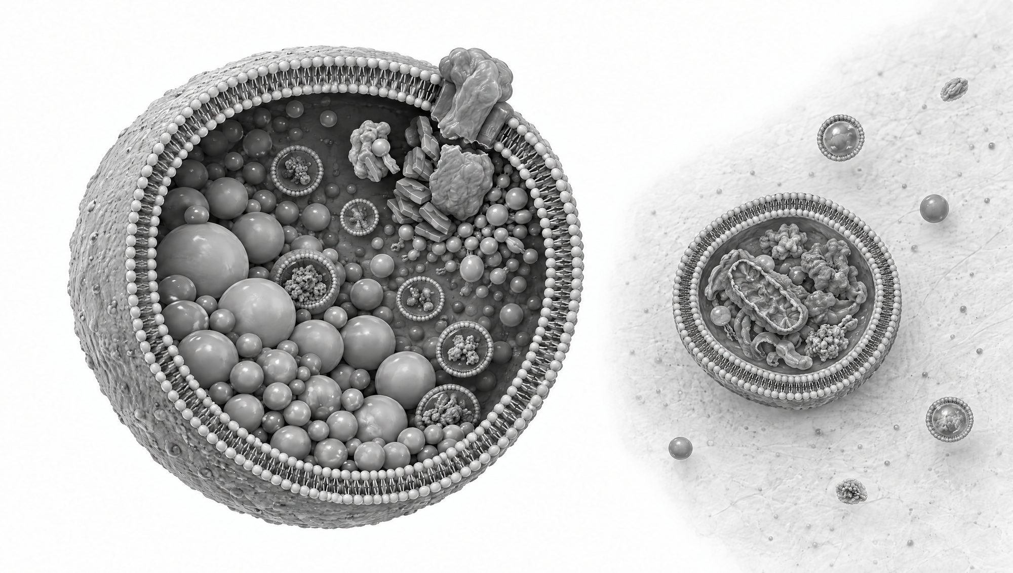 A lysosome in cross-section, crowded with round lipid droplets and small vesicles. A large transport protein in its membrane is split apart; a heap of flat plate-shaped molecules is piled against its inner side, and a small protein nearby holds more of them. Nothing has passed into the cytoplasm outside. To the right, a separate double-membraned vesicle sits unfused.