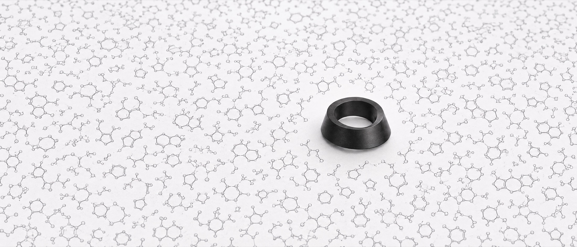 A dense field of thousands of faint molecular structure diagrams receding into the distance, with one solid dark ring-shaped molecule resting among them, fully modelled and casting a shadow.