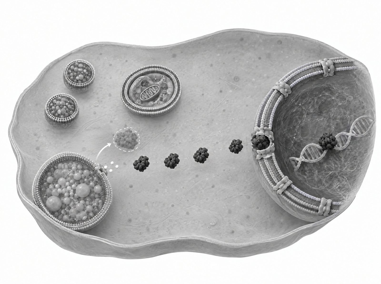 Part of a cell in cross-section. At lower left, a lipid-laden lysosome; a faded protein complex has moved away from its surface, leaving the membrane empty, and a small channel releases ions. A line of proteins travels across the cytoplasm to a pore in the nuclear envelope; inside the nucleus one is bound to DNA. Newly formed lysosomes and a double-membraned vesicle sit at upper left.