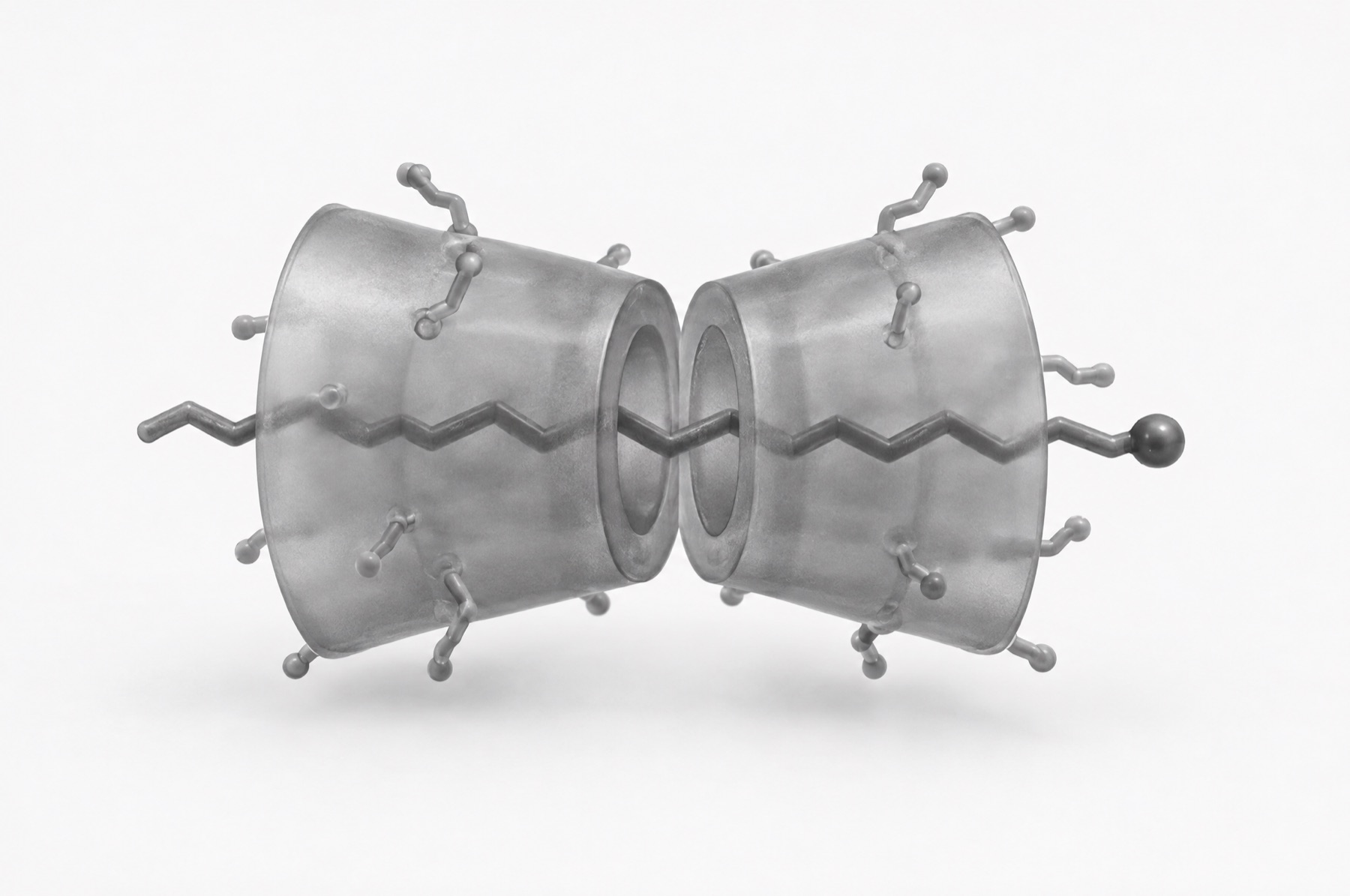 Two identical hollow truncated cones aligned end to end on one axis, forming a short sleeve, with short side chains on their outer rims. A single fatty-acid chain threads through both cavities along the axis, with a rounded carboxylate head at one end.
